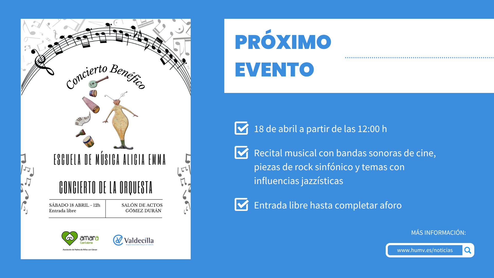 El Hospital acoge un concierto de la Escuela de Música Alicia Emma en favor de la Asociación AMARA